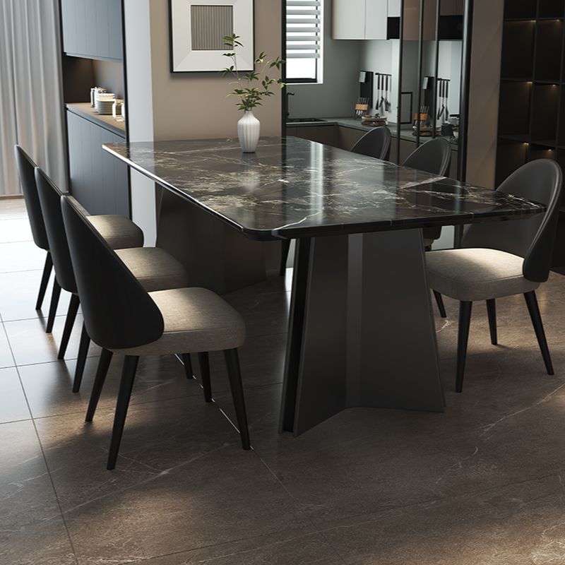 Natural Marble Dining Table in Modern Simple Style, Fixed Table in Midnight Black for 6-person, Scratch Resistant Marble Slab, Mixed-material Design