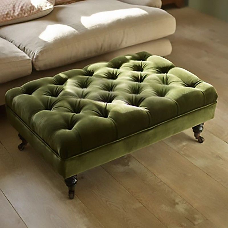 Casual Rectangular Solid Color Standard Ottoman in Sage with Natural Wood Frame and Stitch-tufted Design