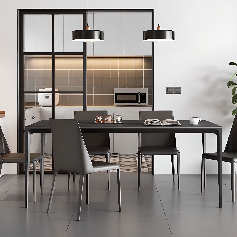 Simple Rectangular Dining Table with Slate Tabletop, Fixed Mechanism, and Ink Color