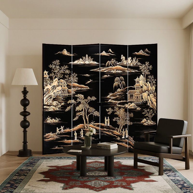 Screen Divider Minimalist Opaque Fold-up with Natural Wood Frame, 4 Panels, Double Sided Print, and Independent Design
