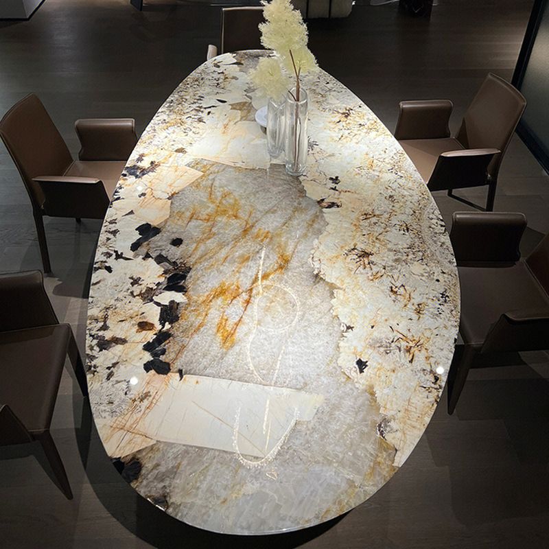 Glam Oblong Dining Table with Antique Brass Legs, Dirt-resistant for 8-seater, Marble Slab Top with Mixed Materials