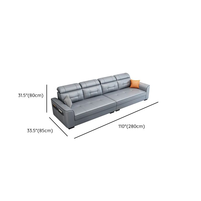Modish Solid Color Stain Resistant Standard Sofa in Light Gray, Seats 5/4/3 with Receptacle and 2 Pillows