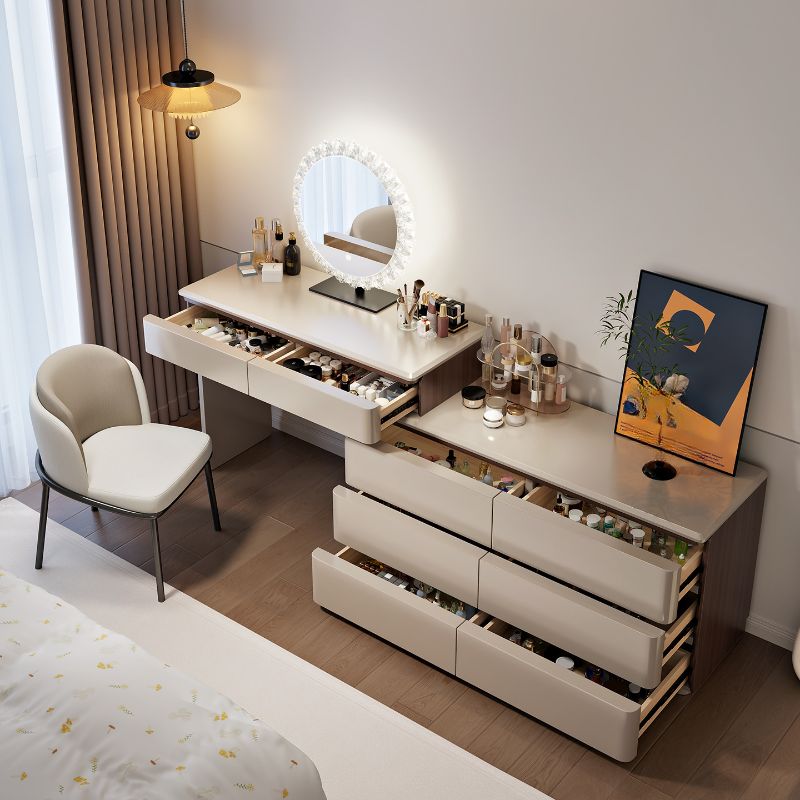 Modish Large Makeup Vanity with Natural Wood Table Top and 8/5 Drawers