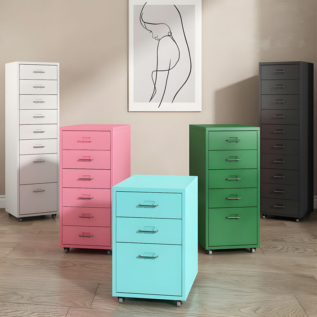 Modern Mobile Key Locking Filing Cabinet with Drawers in Metal Frame