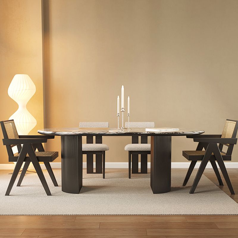 Casual Oblong Marble Dining Table in Glossy Black with Scratch-shielded Durability for 6-person Seat/4 People, Featuring Marble Top and Material Combination