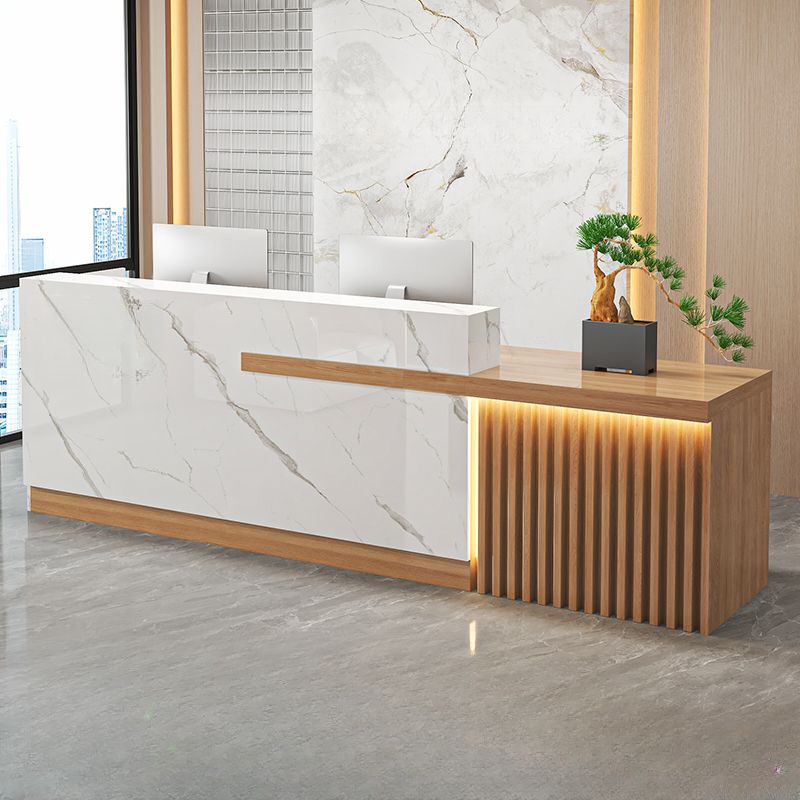 Reception Desk with 1 Cabinet, Hutch, Keyboard Tray, Cable Management, Filing Cabinet, Manufactured Wood Top, and 1 Drawer Pedestal