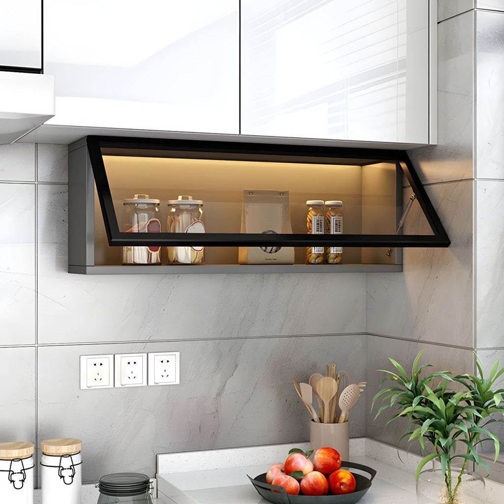 Contemporary Faux Wood Wall Mounted Display Cabinet with Glass Door