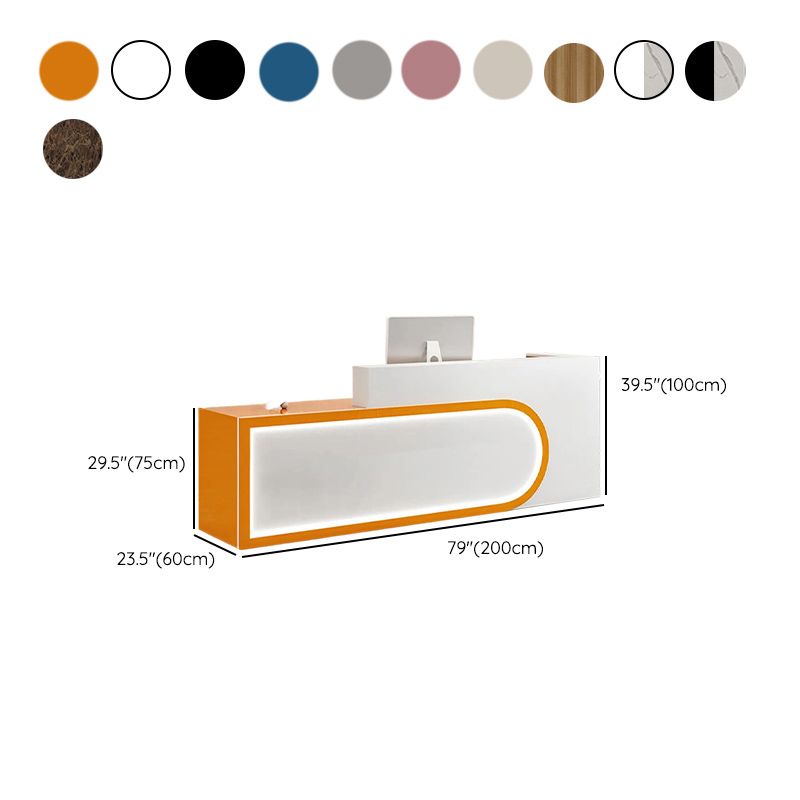 Rectangular Beige/Orange/Pink Manufactured Wood Top Reception Desk with Hutch, Keyboard Tray and Cable Management