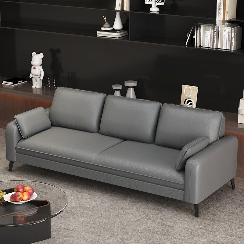 Trendy Solid Color Stain Resistant Standard Sofa in Synthetic Leather with Light Gray/Sage/Amber Color, Seats 3 with 2 Pillows