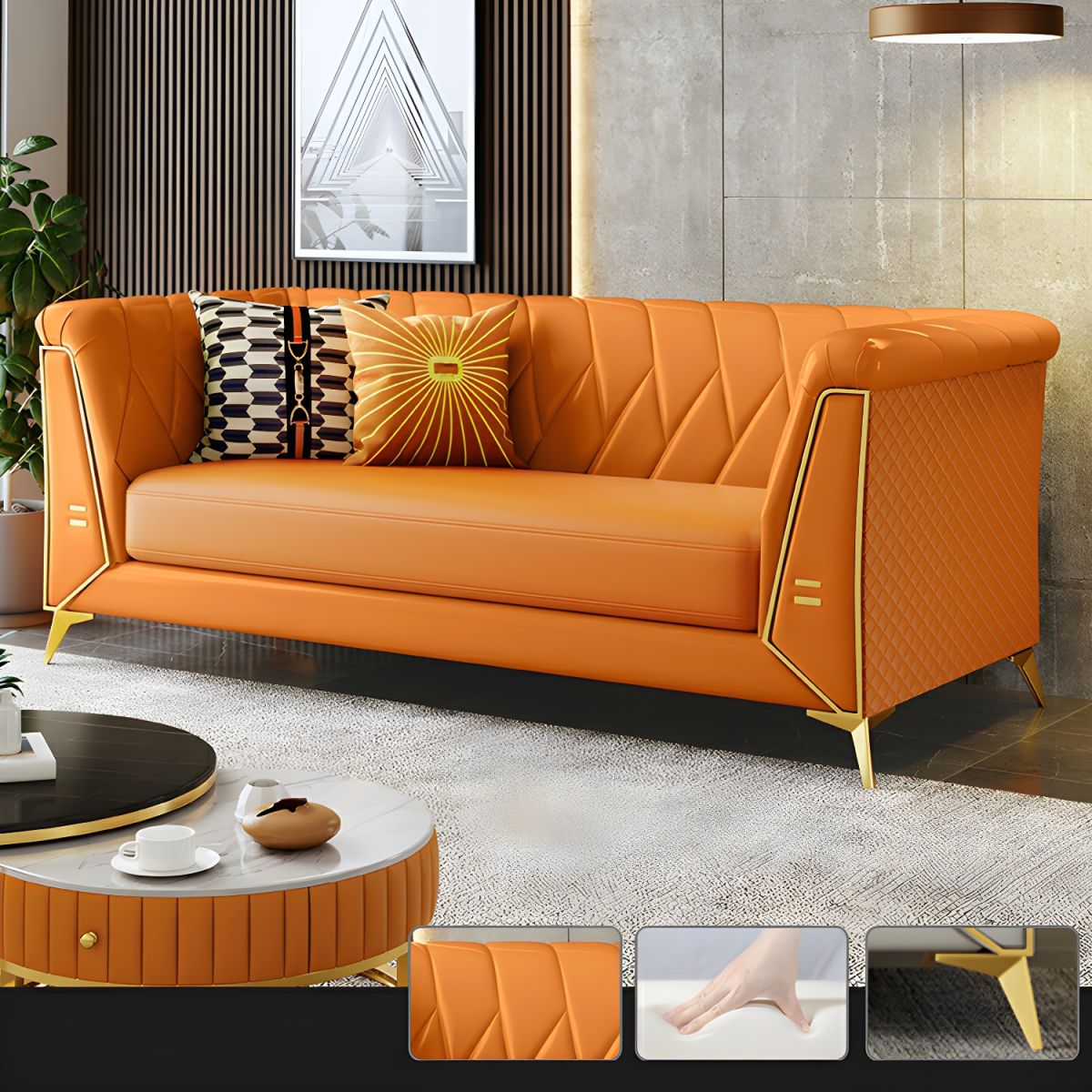 Glam Faux Leather Standard Sofa with Tuxedo Arms in Solid Color