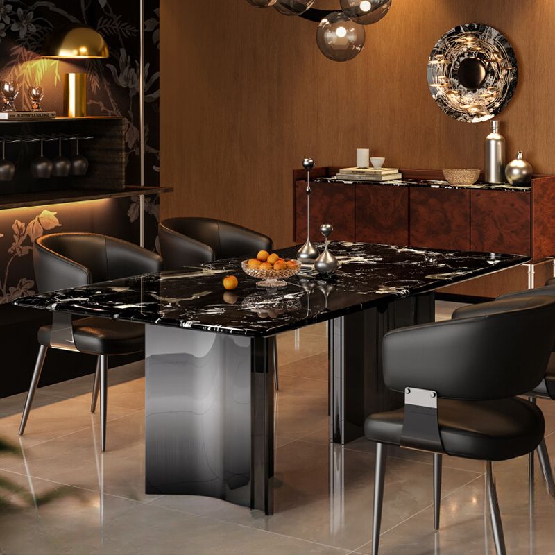 Natural Marble Dining Table in Modern Simple Style with Stainless Steel Base, Fixed Table, Glossy Black Top, 6-person Seating, Scratch Resistant, Mixed-material Design