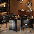 Natural Marble Dining Table in Modern Simple Style with Stainless Steel Base, Fixed Table, Glossy Black Top, 6-person Seating, Scratch Resistant, Mixed-material Design