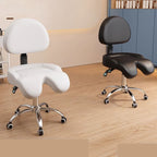 Adaptable Height Rotatable Metal Task Stool with Wheels and Upholstered Adjustable Backrest