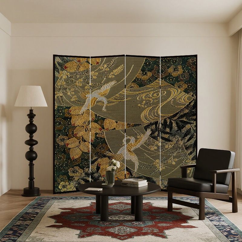 Screen Divider Minimalist Opaque Fold-up with Natural Wood Frame, 4 Panels, Double Sided Print, and Independent Design