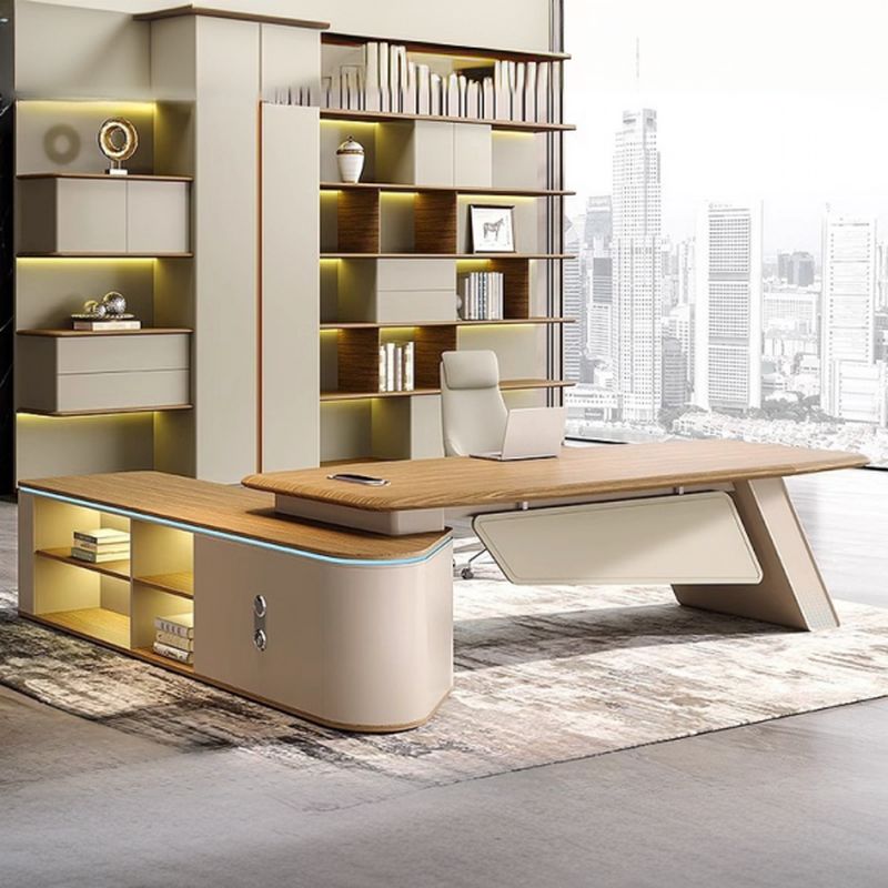Dust Resistant Desk with 2 Drawers, Cabinet, Stump Base, Exterior Shelf, Cable Management, Wood Color Top, and Cooling Hole