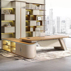 Dust Resistant Desk with 2 Drawers, Cabinet, Stump Base, Exterior Shelf, Cable Management, Wood Color Top, and Cooling Hole