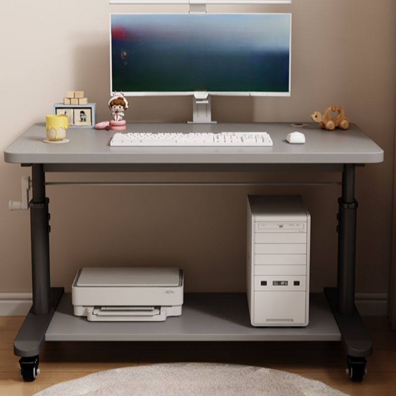 T-Shape Base Unattached Crack Resistant Manually Controlled Dove Grey/Chalk/Brown Office Computer Desk with 1 Exterior Shelf, Wheels / Casters and Lockable Brakes