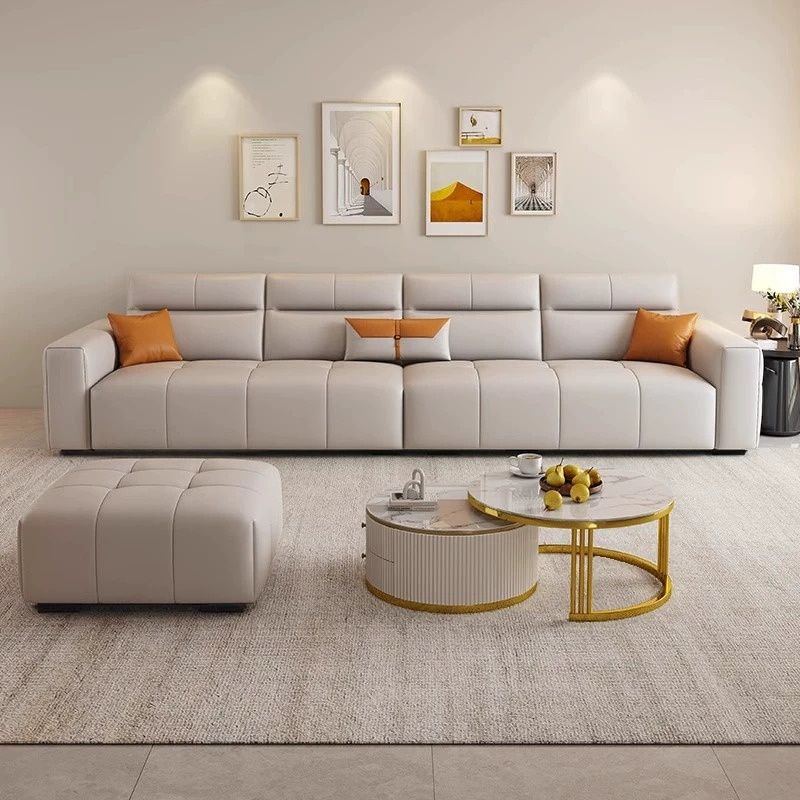 Modish Solid Color Stain Resistant Standard Sofa/Loveseat in Beige, Seats 7/6-Seater/5 Person with 3 Pillows