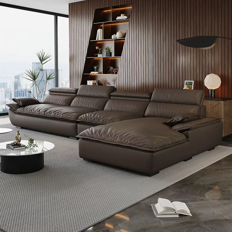 L-Shape Leather Sofa Recliner in White/Espresso/Beige with Right Hand Facing Orientation