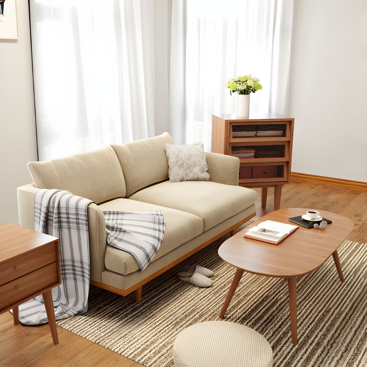 Northern European Wooden 2/3-Seater Sofa Wood Legs Square Arm Sofa
