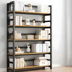 Modern Metal Display Stand with Wooden Shelves and Open Storage
