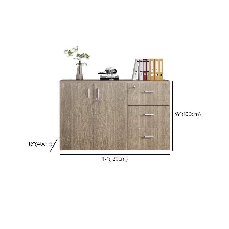 Caramel Trendy Manufactured Wood Supplies Cabinet with Shelves, Locker, Locking Door, and 2-Wide/5-Wide/4-Wide Compartments