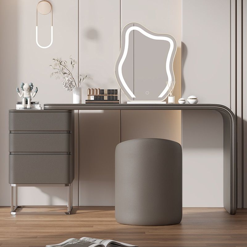 Casual Standard Vanity Set with Light Gray/Tangerine Color/Tan Chair, 3 Drawers, Pine Wood Frame, LED Mirror