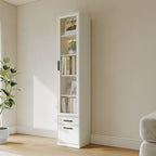 Organizing Shelf with 2-Drawer, 4 Shelves in Steel, Vertical, Transparent Glass Door, Closed Back