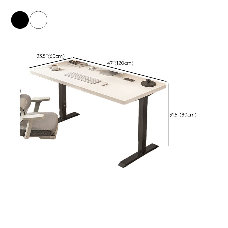 Modern Rectangular Height-Adjustable Laminate Desk in Midnight Black/Chalk/Light Brown with Cable Management and Hand-Operated Office Computer Desk