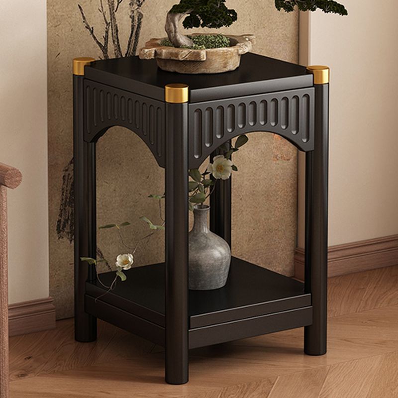 2 Tiers Square Plant Stand Side Table with Solid Wood & Brass Top, 1 Piece Set, 2 Shelves, and Legs