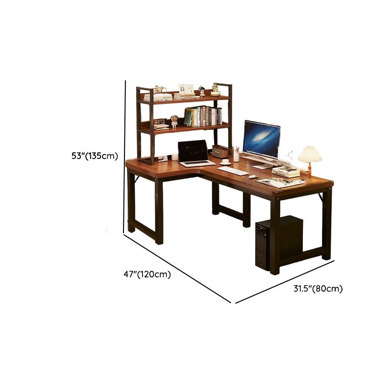 Chalk/Brown Minimalist L-Shape Distortion-resistant H-Shape Desk with Exterior Shelf and Wire Management in Natural Wood