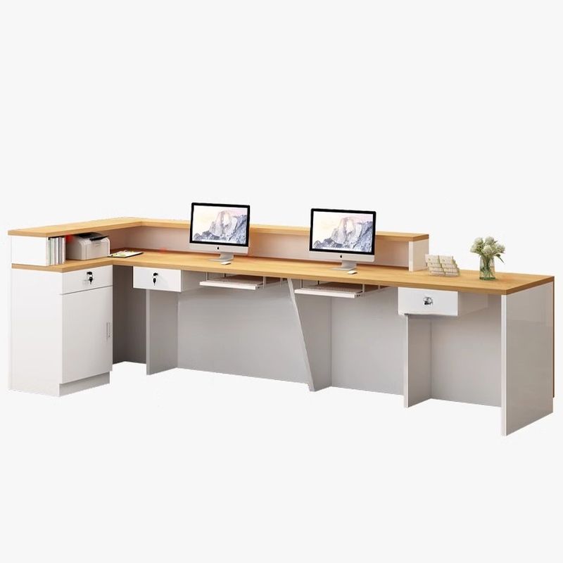 L-Shape Reception Desk with Hutch & Keyboard Tray & Cable Management & Cabinet, Manufactured Wood Top