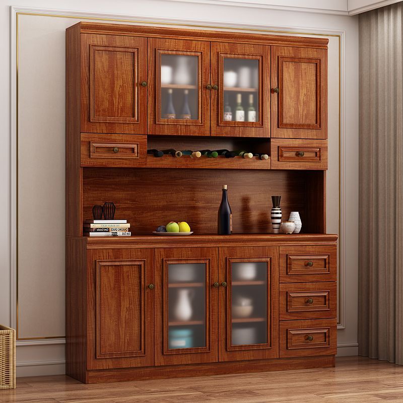 Modern Simple Style Kitchen Storage with 5 Drawers, Standard/Narrow Timber Countertop, 1 Shelf, Glass Doors, and Wine Display