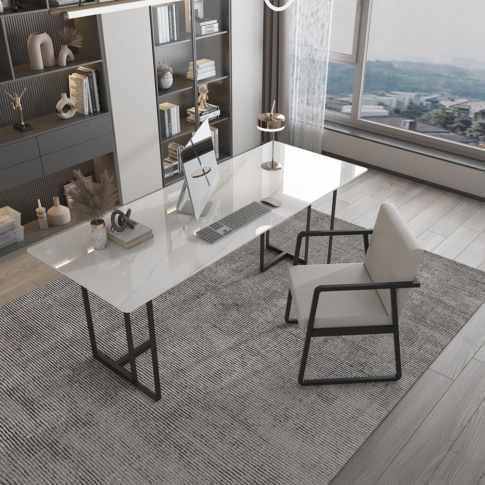 Casual Writing Desk with Easy Assembly and Corrosion Resistant Double Pedestal Base in Ink/Chalk/Beige, Unattached Slate Top