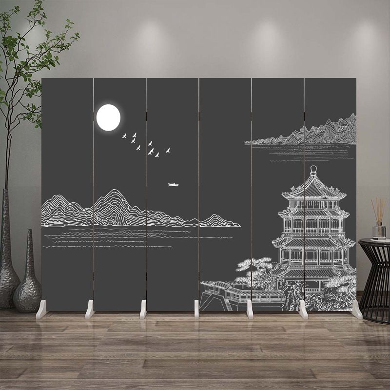 Indoor Opaque Collapsible Room Screen with Pine Wood Frame, 6 Panels, Double Sided Print, and Freestanding Feature
