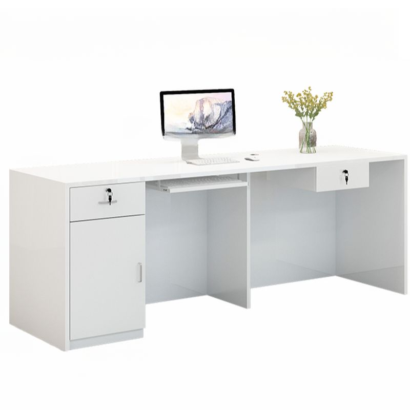 Lime Green/Natural Color/Beige Manufactured Wood Top Rectangle Reception Desk with Hutch, Keyboard Tray, Cable Management, and Filing Cabinet