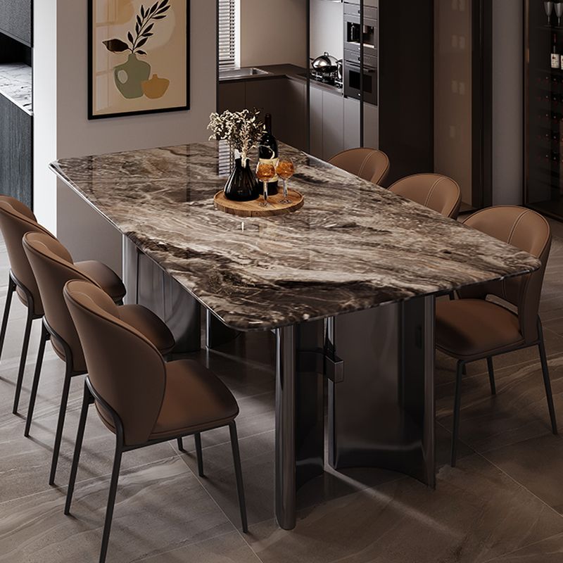 Natural Marble Dining Table in Modern Simple Style with Fixed Table, Cocoa Table Top, Seating for 4/6-person Seat, Scratch Resistant Marble Slab Mixed-material Design