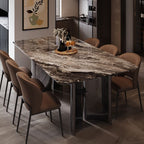 Natural Marble Dining Table in Modern Simple Style with Fixed Table, Cocoa Table Top, Seating for 4/6-person Seat, Scratch Resistant Marble Slab Mixed-material Design