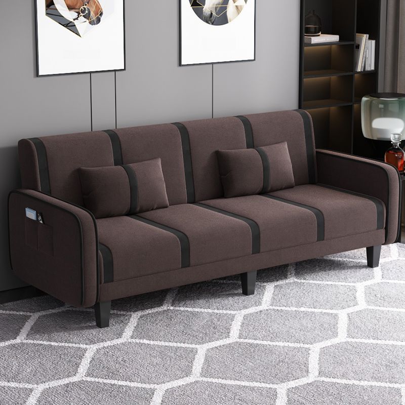 Striped Convertible Sofa in Pu Leather/Flannel with Cerulean/Light Brown/Off-White Upholstery and Armrest