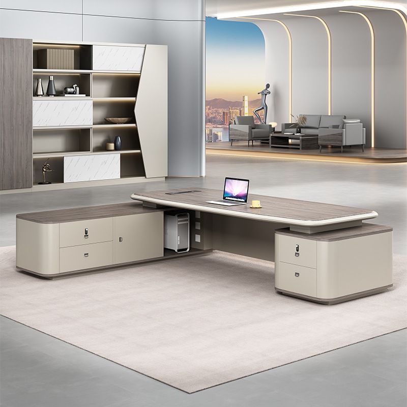 Moisture Resistant Desk with 4 Drawers and Cabinet, Featuring Dual Footing, 1 Exterior Shelf, Cable Management, Front Splash, and Cooling Hole