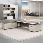 Moisture Resistant Desk with 4 Drawers and Cabinet, Featuring Dual Footing, 1 Exterior Shelf, Cable Management, Front Splash, and Cooling Hole