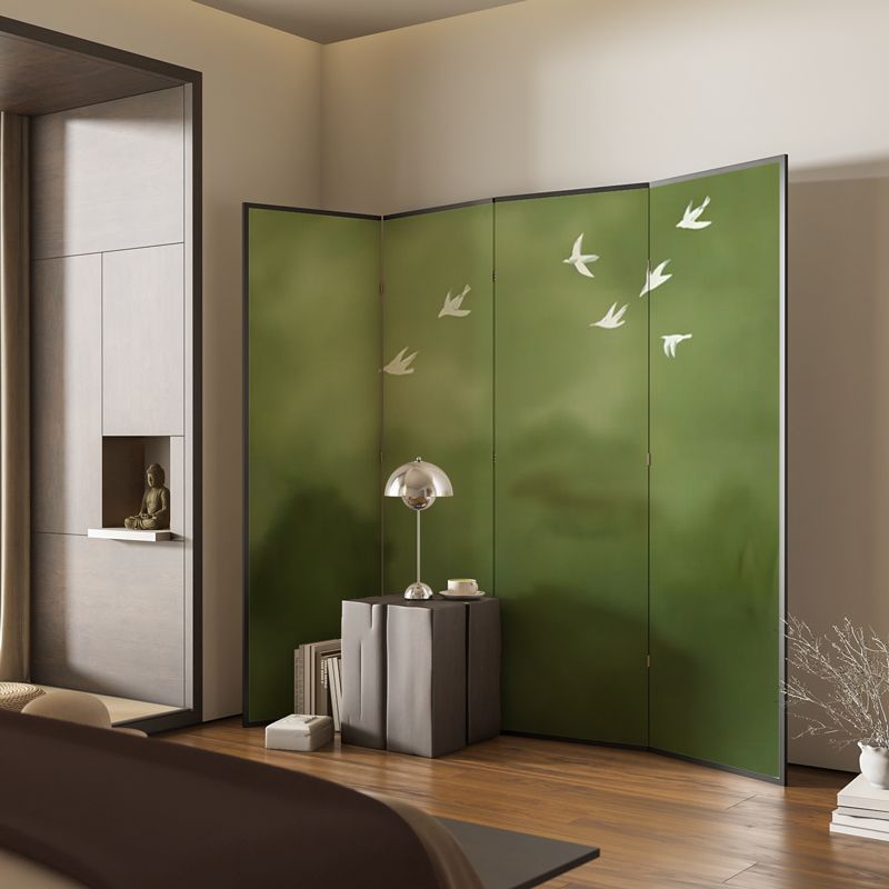 Sage Opaque Fold-up Screen Divider with Walnut Wood Frame, 4 Panels, Double Sided Print, and Independent Design