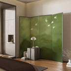 Sage Opaque Fold-up Screen Divider with Walnut Wood Frame, 4 Panels, Double Sided Print, and Independent Design