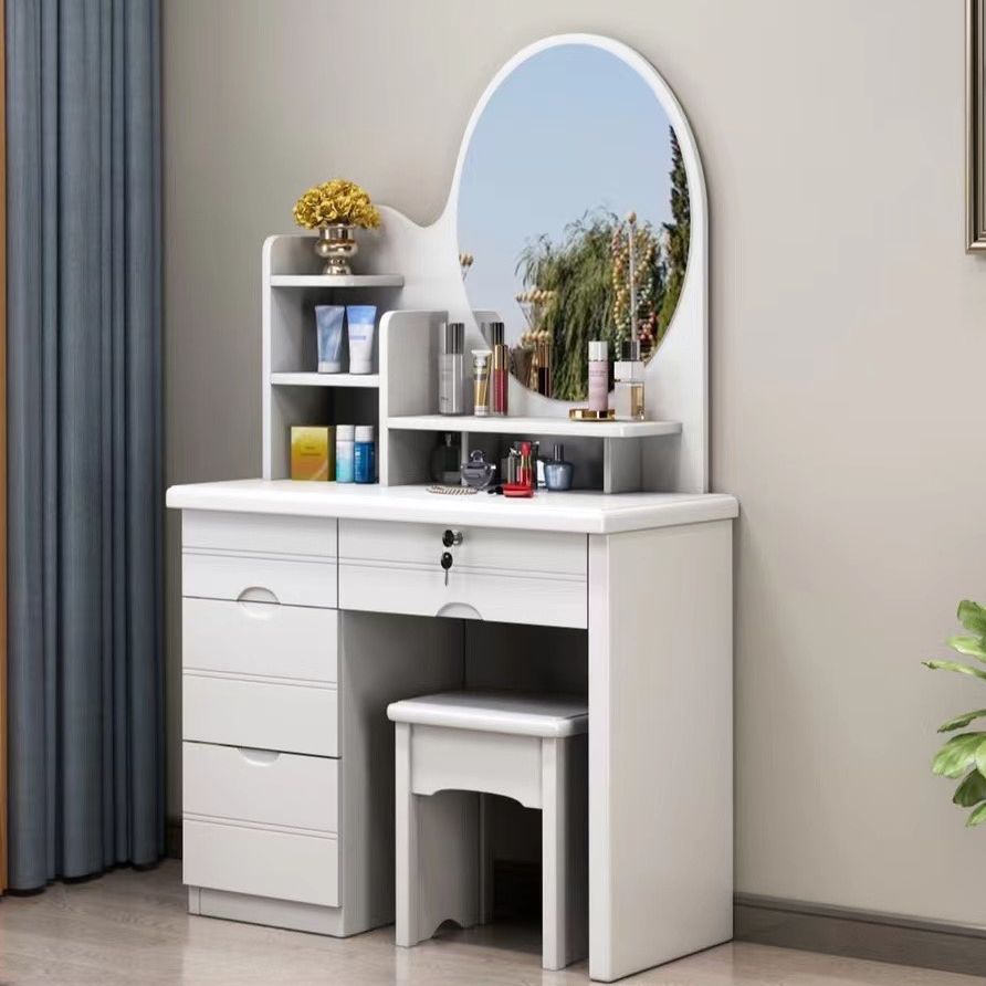 Simple Standard Auburn/Chalk Timber Vanity Set with Drawers, Standing Mirror and Seat