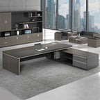 Watertight Office Desk with 2 Drawers, Stump Base, Exterior Shelf, Cable Management, Dark Gray Top, Front Splash, and Cooling Hole