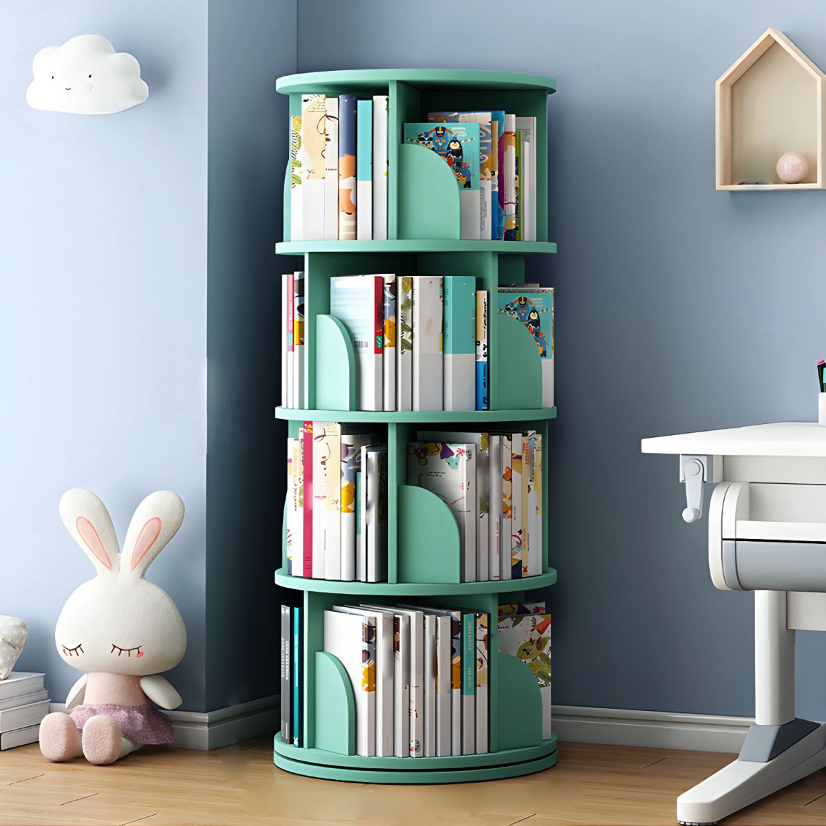 Round Rotatable Bookcase Wooden Open Storage Bookshelf for Home Office