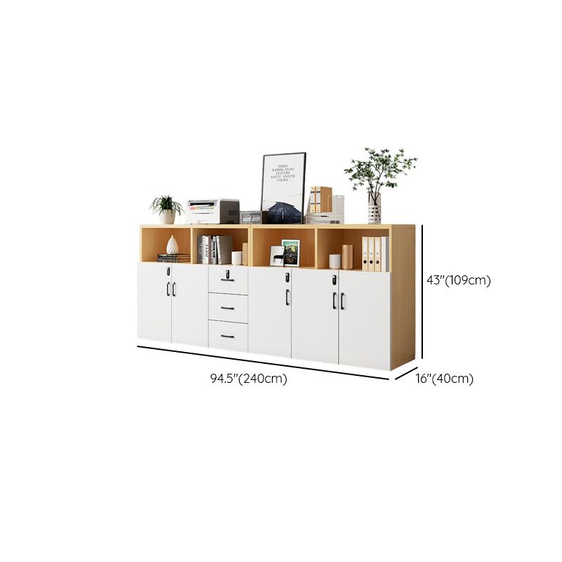 Natural Finish Manufactured Wood Supplies Cabinet with Shelves, Drawers, Locker, Locking Door, and 5-Wide/4-Wide/3-Wide Compartments