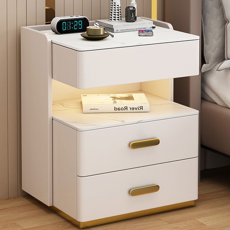 Modish Glass Nightstand With Drawer Organization Featuring Illuminating Lighting