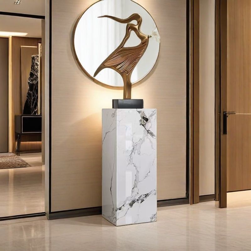 White Square Marble Pattern Stone Display Table with Unfinished Finish, 30 to 39 in/20 to 29 in Height, Up to 19 in Size