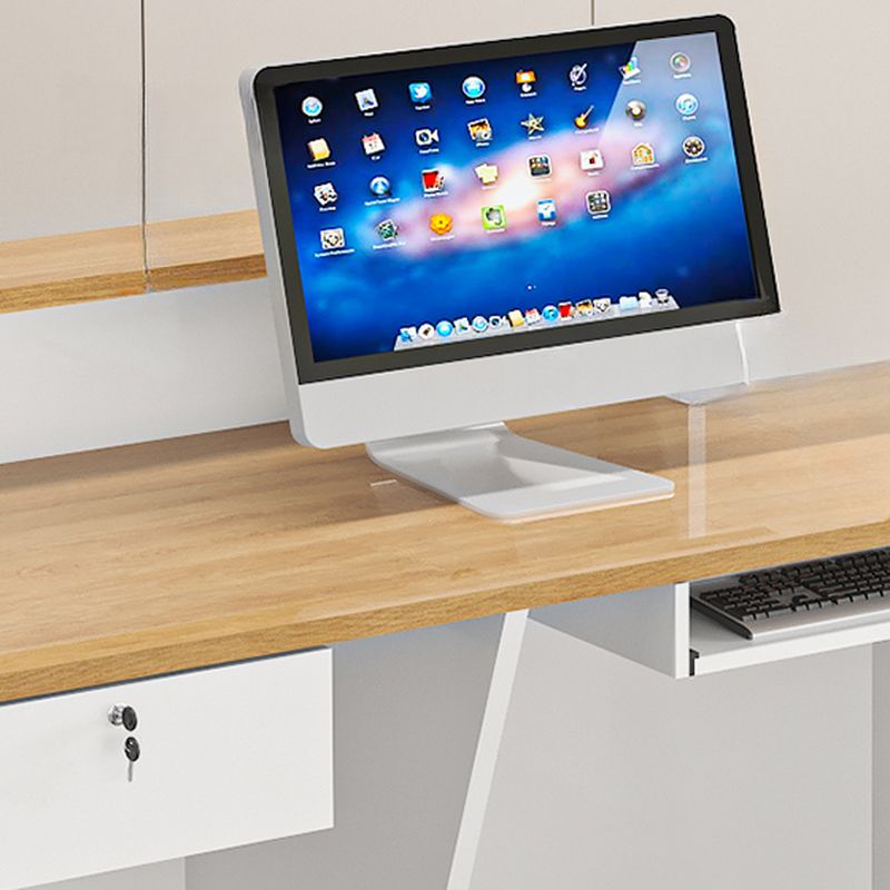 L-Shape Manufactured Wood Top Reception Desk with Hutch, Keyboard Tray, Cabinet, Desk Return & Cable Management